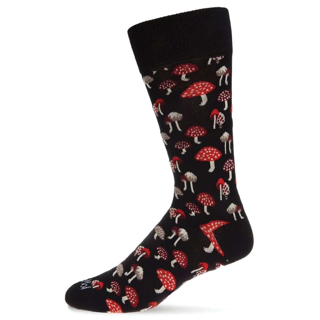 Mushroom Fields Bamboo Men's Crew Sock - Black - Vault Board Shop MeMoi