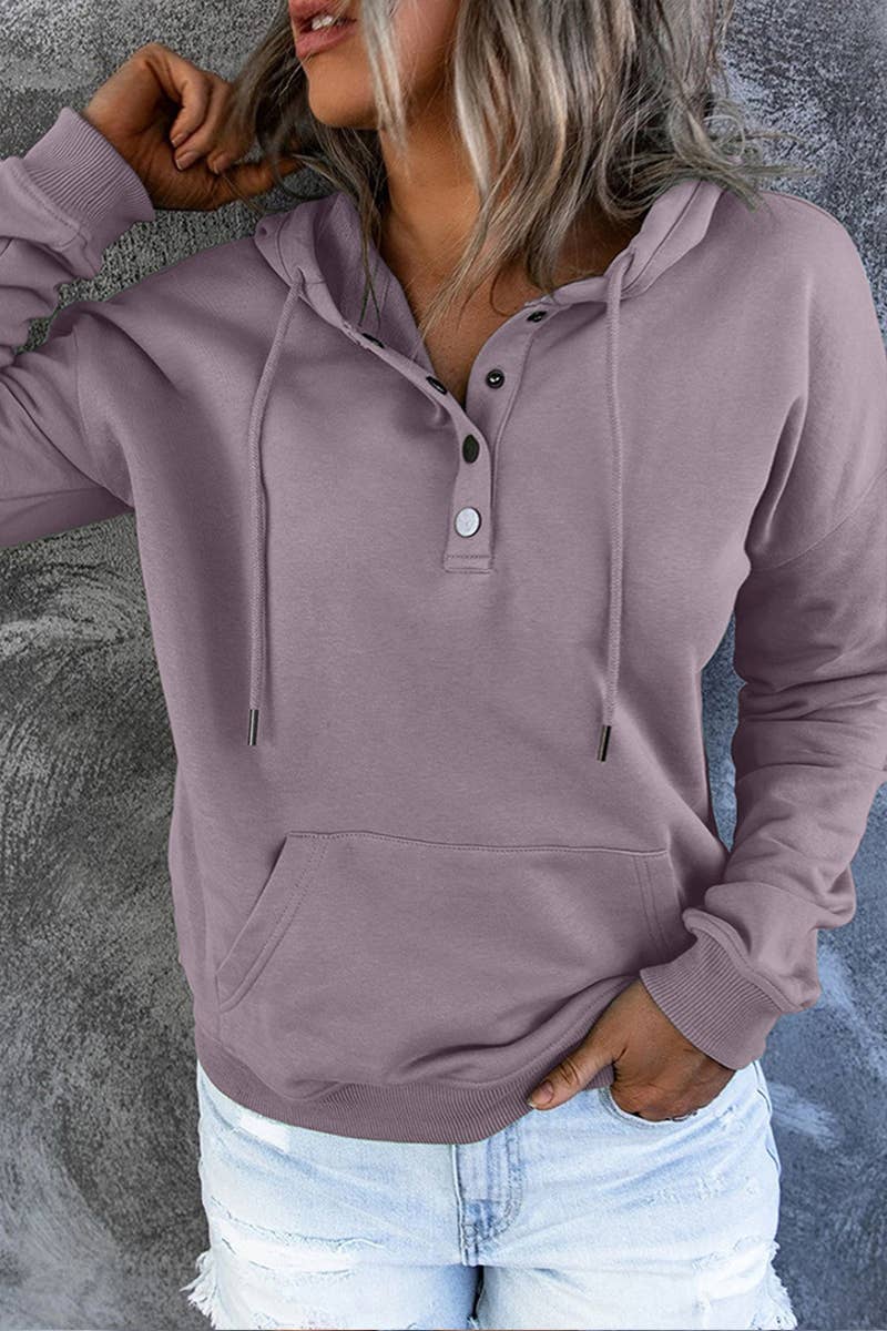 Women's Button Neck Kangaroo Pocket Pullover Hoodie - Taro - Vault Board Shop Lily Clothing