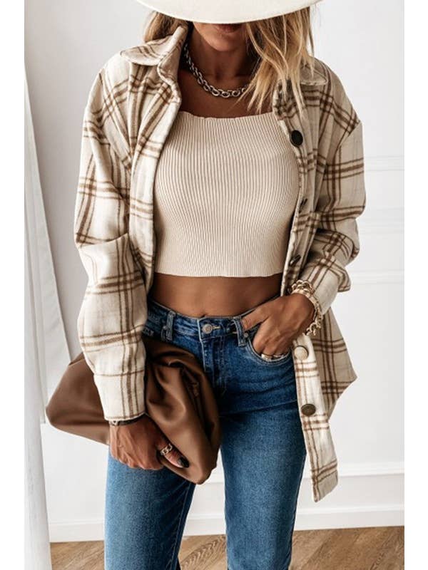 Women's Loose Fit Plaid Big Buttoned Shirts Jacket - Apricot - Vault Board Shop Lily
