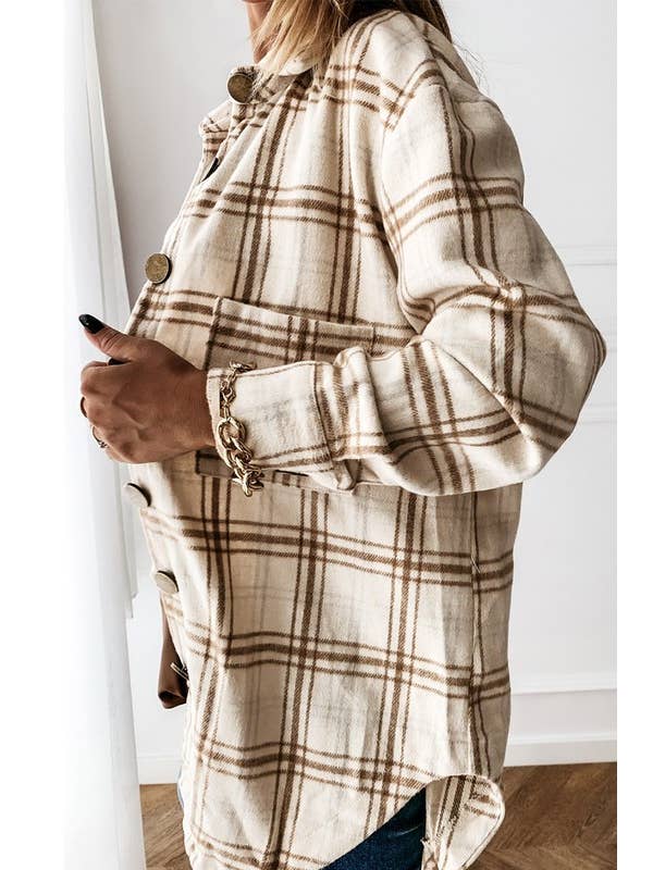 Women's Loose Fit Plaid Big Buttoned Shirts Jacket - Apricot - Vault Board Shop Lily