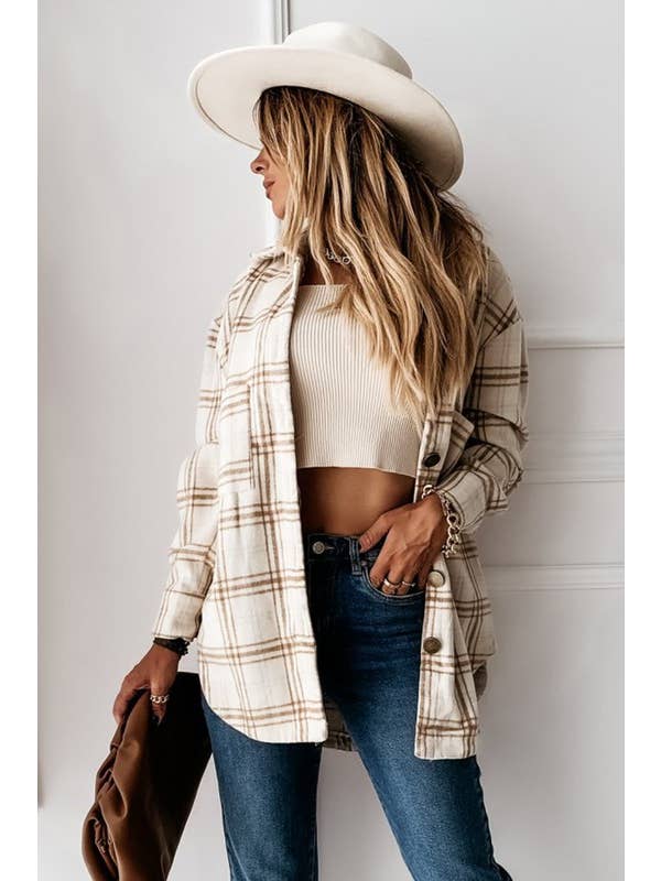 Women's Loose Fit Plaid Big Buttoned Shirts Jacket - Apricot - Vault Board Shop Lily