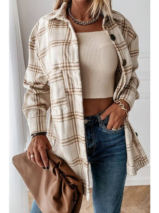 Women's Loose Fit Plaid Big Buttoned Shirts Jacket - Apricot - Vault Board Shop Lily