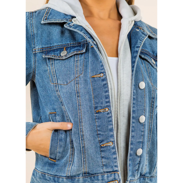 Zip-Through Denim Hoodie With Sash And Patches - Ready-to-Wear