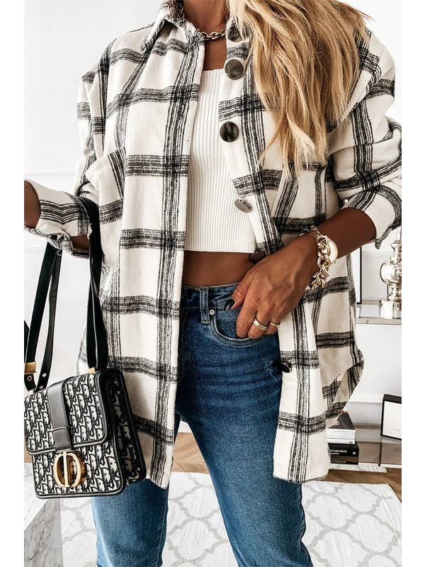 Women's Loose Fit Plaid Big Buttoned Shirts Jacket - White