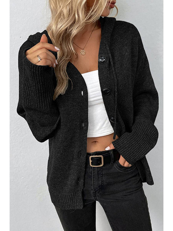 Women's Knitted Hoddy Style Button Down Cardigan - Black