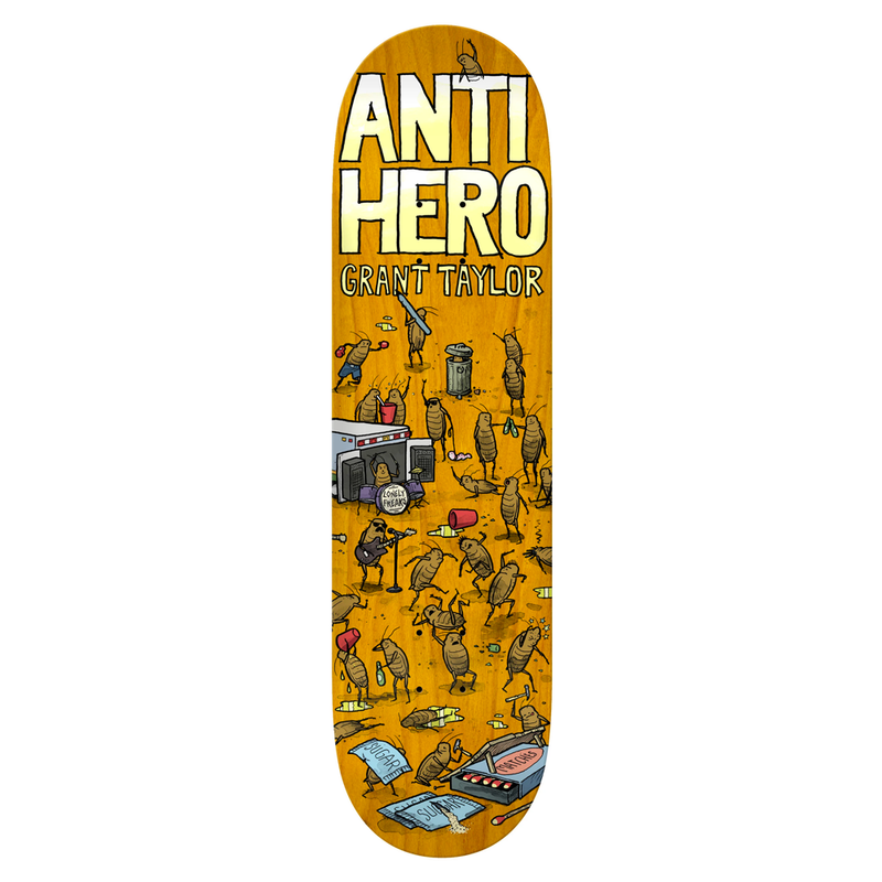 Antihero Grant Taylor 'Roached Out' pro model skateboard deck, 8.62 inches wide. Features a bottom ply graphic of various cockroaches attending a concert, sized 8.62" by 32.56"