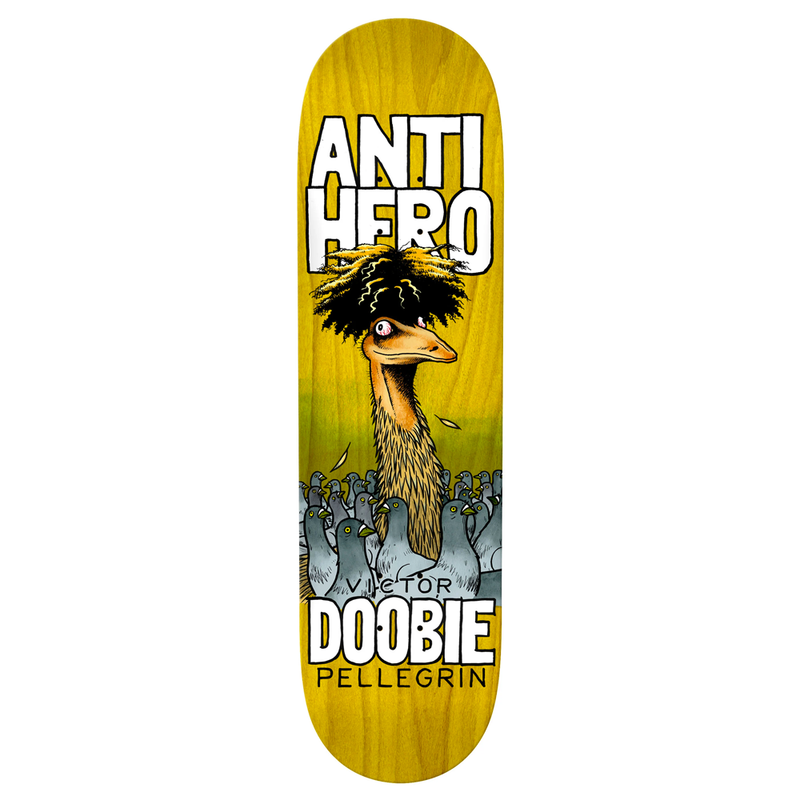 Antihero 'Doobie' skateboard deck, 8.4 inches wide. The pro debut deck for Victor "Doobie" Pellegrin, sized 8.75" by 32.5" with a 14.62" wheelbase. Artwork by Todd Francis.