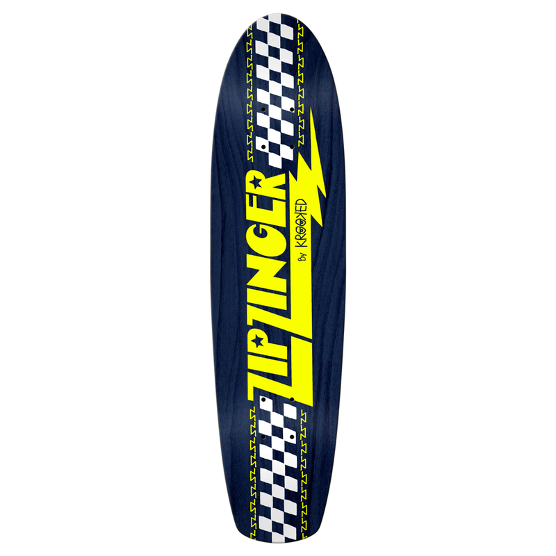Krooked Zip Zinger skateboard deck in navy and yellow, 7.75 inches wide. The modern Krooked Cruiser featuring a functional shape, crafted from 100% North American Maple. Dimensions are 7.75" by 30" with a 14.31" wheelbase.