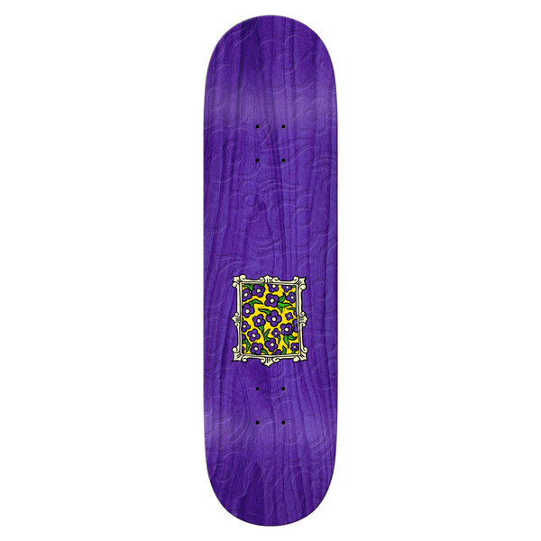 Krooked Flower Frame Embossed 'True Fit' skateboard deck, 8.5 inches wide and 31.35 inches long. Features a purple bottom with a central framed Gonz flower artwork, embossed flower design on the wood. Crafted from 7-ply Canadian maple with a 13.75" wheelbase. Note: Top stain color can vary.