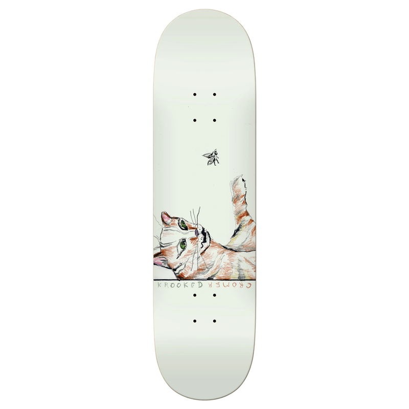 Krooked Cromer Predator skateboard deck, 8.25 inches wide. Showcases a drawing of a cat and a fly on the bottom ply. Crafted from premium 7-ply maple, this Brad Cromer signature pro model also sports Krooked branding on the top ply.