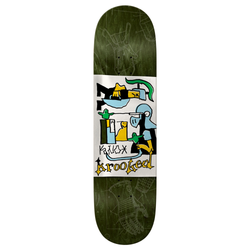 Krooked Knox Grenadier skateboard deck, 8.28 inches wide by 31.7 inches long with a 14.12" wheelbase. Features Tom Knox's hand-drawn artwork of two knights in yellow and blue on the bottom ply. Made from 7-ply Canadian maple. Note: Bottom wood stain color can vary.