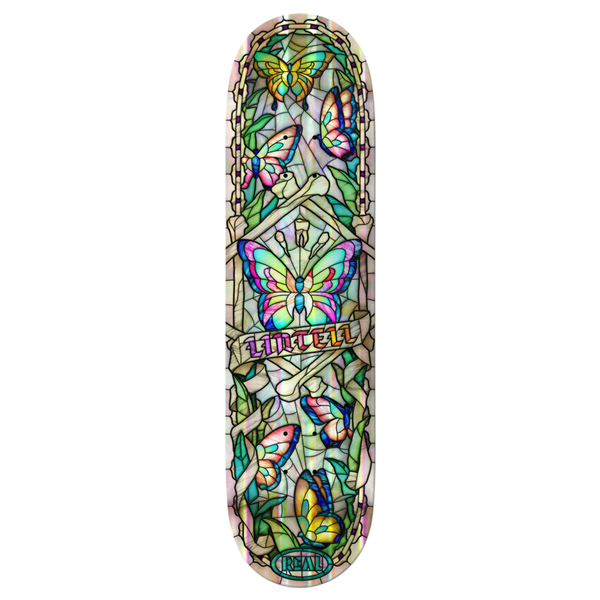 Real Lintell Foil Cathedral skateboard deck, 8.25 inches wide by 32 inches long with a 14.38" wheelbase. Crafted from 7-ply Canadian maple and boasts a solid R1 construction known for its pop. Adorned with a striking prismatic foil graphic of a cathedral.