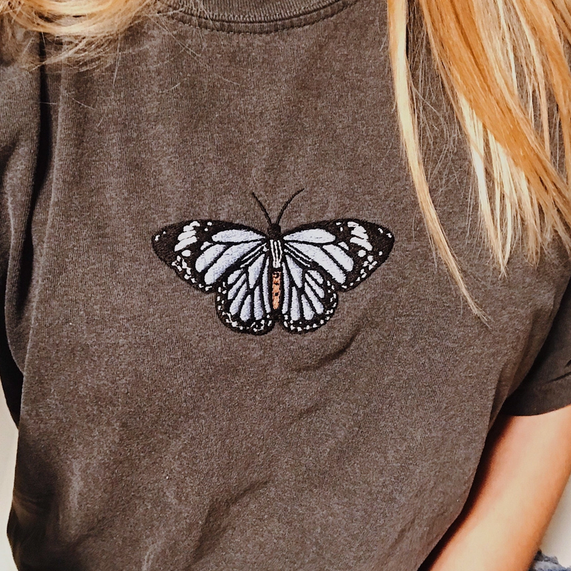 Embroidered Butterfly Women's T-Shirt - Washed Black