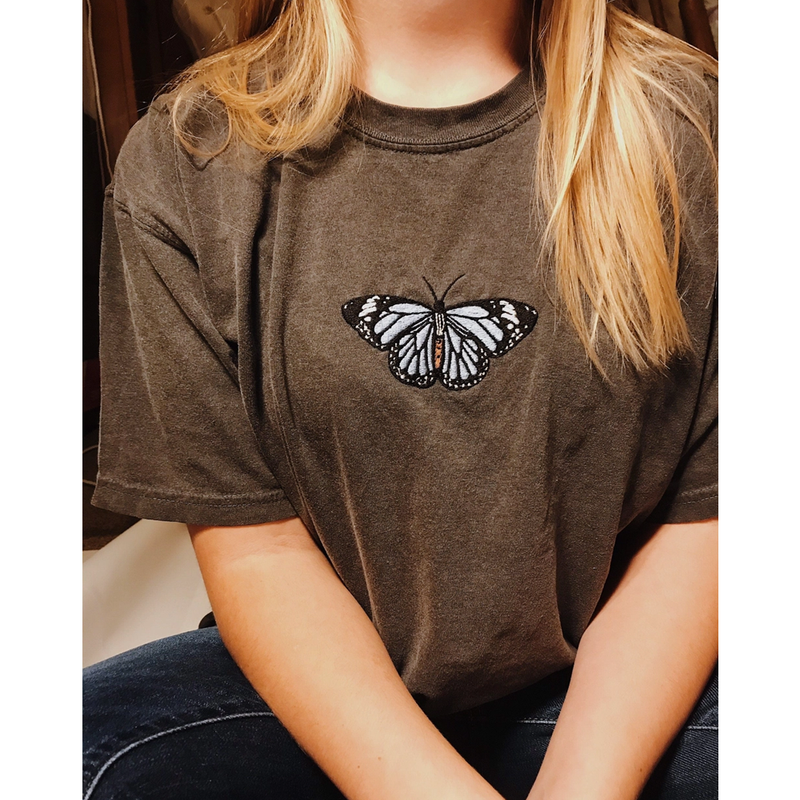 Embroidered Butterfly Women's T-Shirt - Washed Black