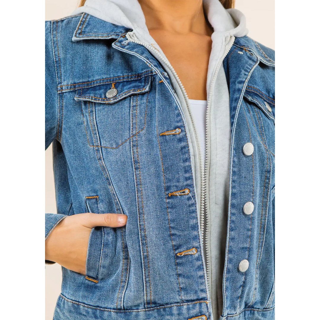 Ci Sono Women's Denim Jacket with Zip - Up Hoodie Layer - Washed Blue - Vault Board Shop Ci Sono