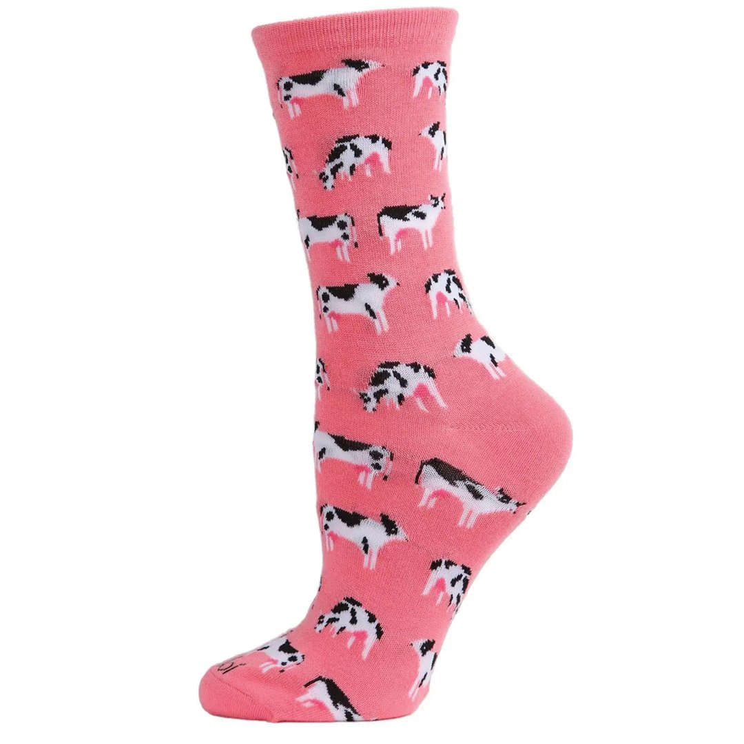 Cows Bamboo Blend Crew Socks - Pink - Vault Board Shop MeMoi