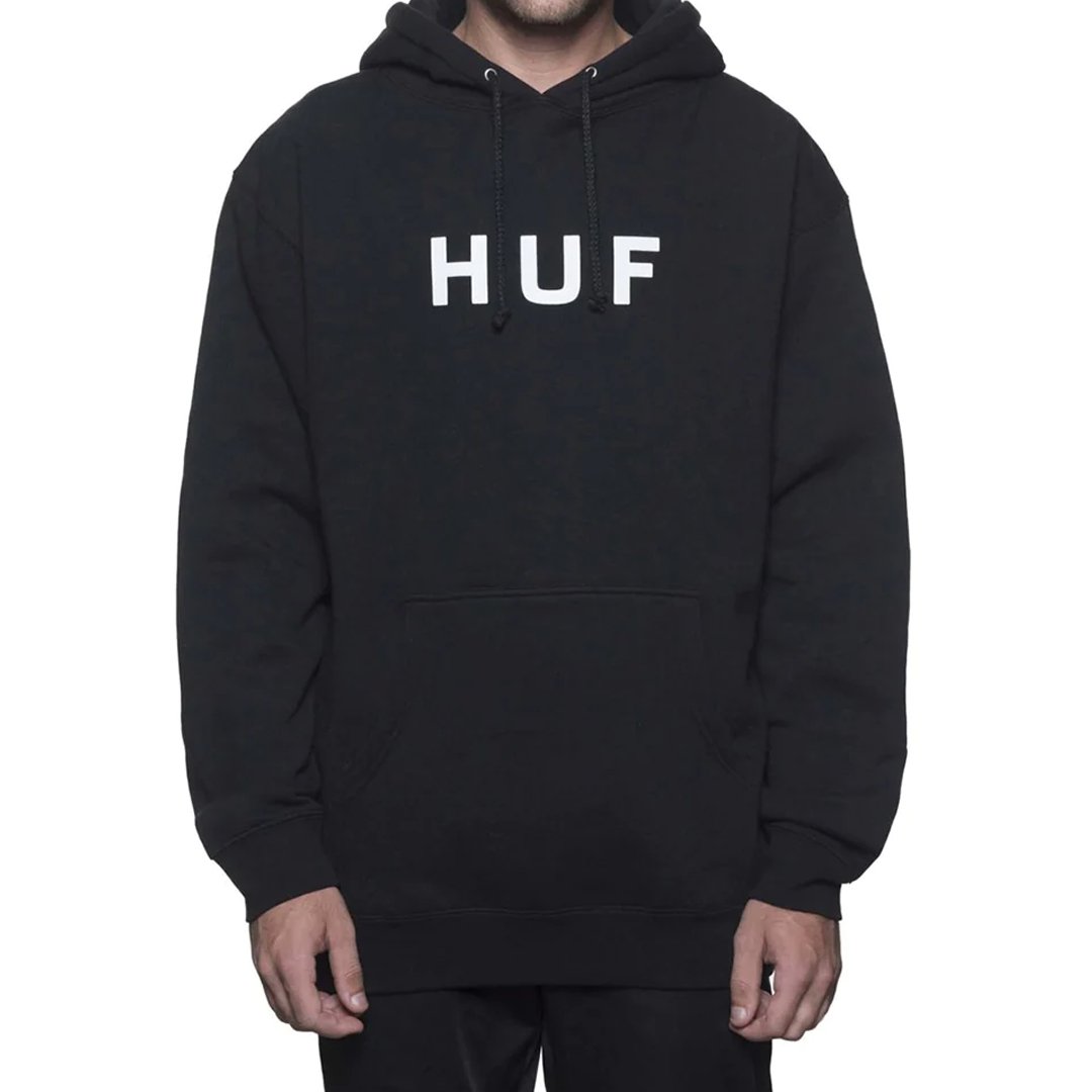 HUF Essentials OG Logo Pullover Hoodie - Black - Vault Board Shop HUF