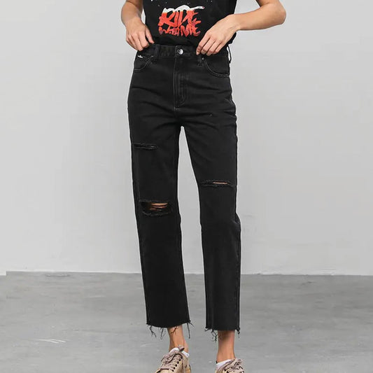 Insane Gene High Rise Ripped Crop Raw Hem Straight Women's Jeans - Vault Board Shop Insane Gene