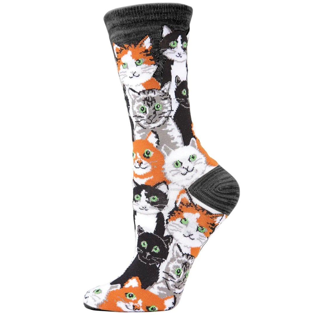 Multi Cat Bamboo Blend Crew Socks - Black - Vault Board Shop MeMoi