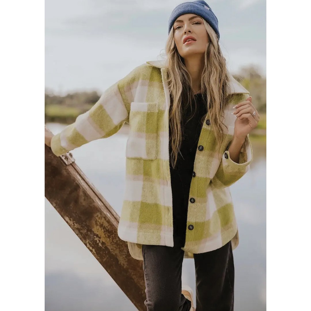 Roolee The Winifred Plaid Shacket - Yellow Green - Vault Board Shop Oat Collective