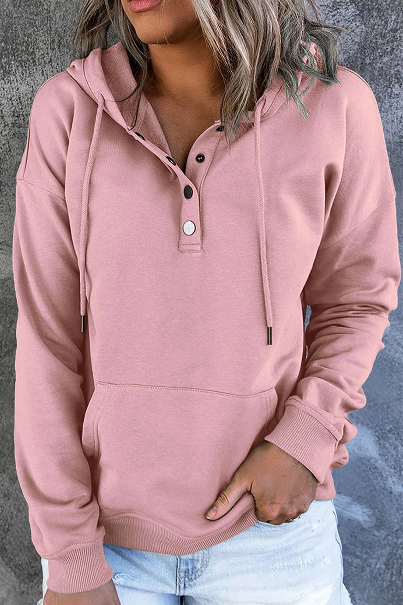 Women's Button Neck Kangaroo Pocket Pullover Hoodie - Apricot - Vault Board Shop Lily Clothing