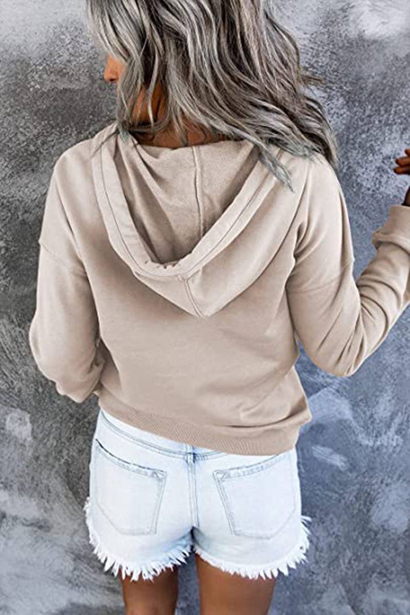 Women's Button Neck Kangaroo Pocket Pullover Hoodie - Apricot - Vault Board Shop Lily Clothing