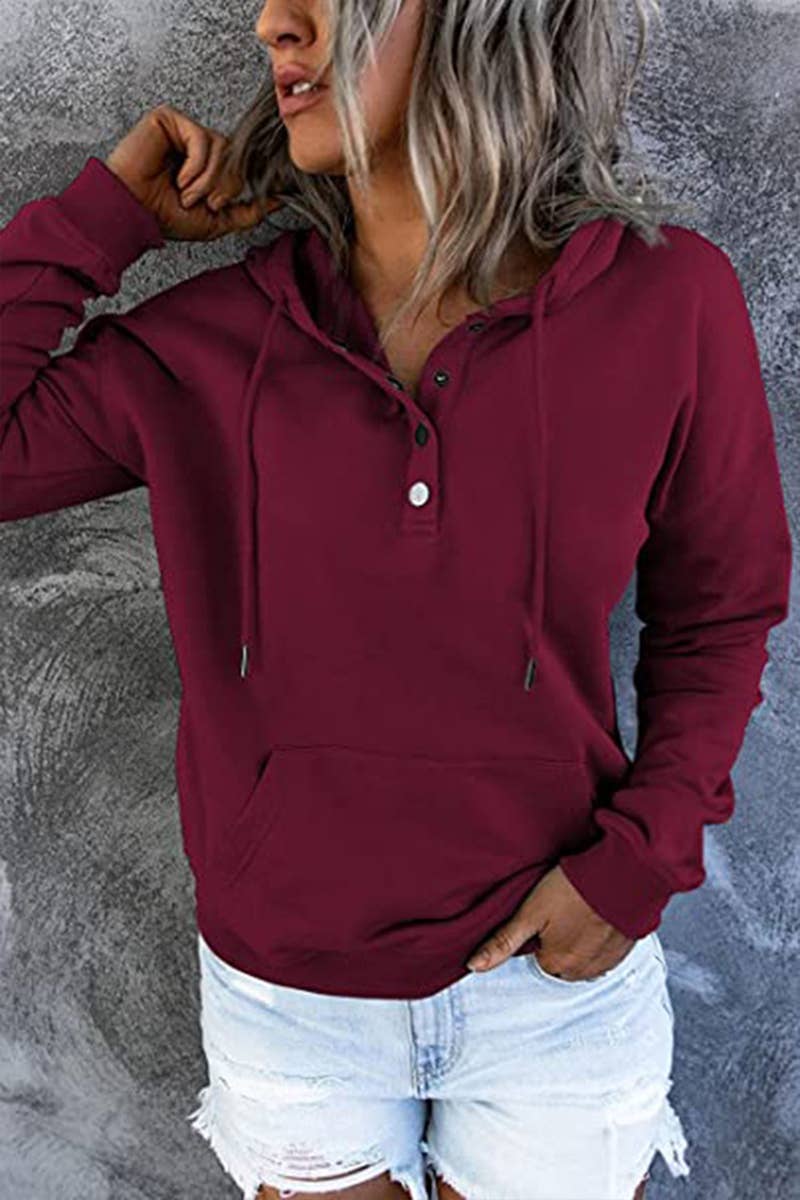 Women's Button Neck Kangaroo Pocket Pullover Hoodie - Apricot - Vault Board Shop Lily Clothing