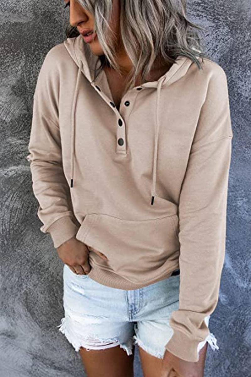 Women's Button Neck Kangaroo Pocket Pullover Hoodie - Apricot - Vault Board Shop Lily Clothing