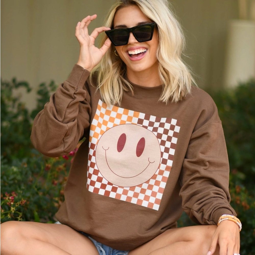 Women's Fall Checkered Smiley Crewneck - Brown - Vault Board Shop Vault