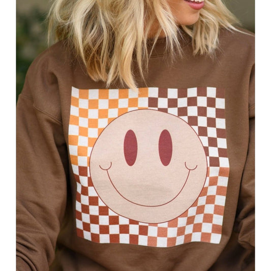 Women's Fall Checkered Smiley Crewneck - Brown - Vault Board Shop Vault