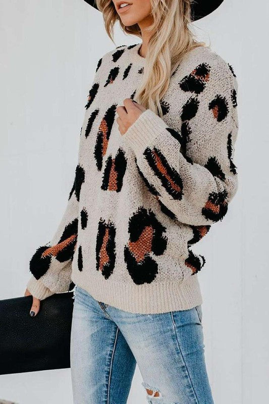 Women's Cheetah Round Neck Knit Sweater