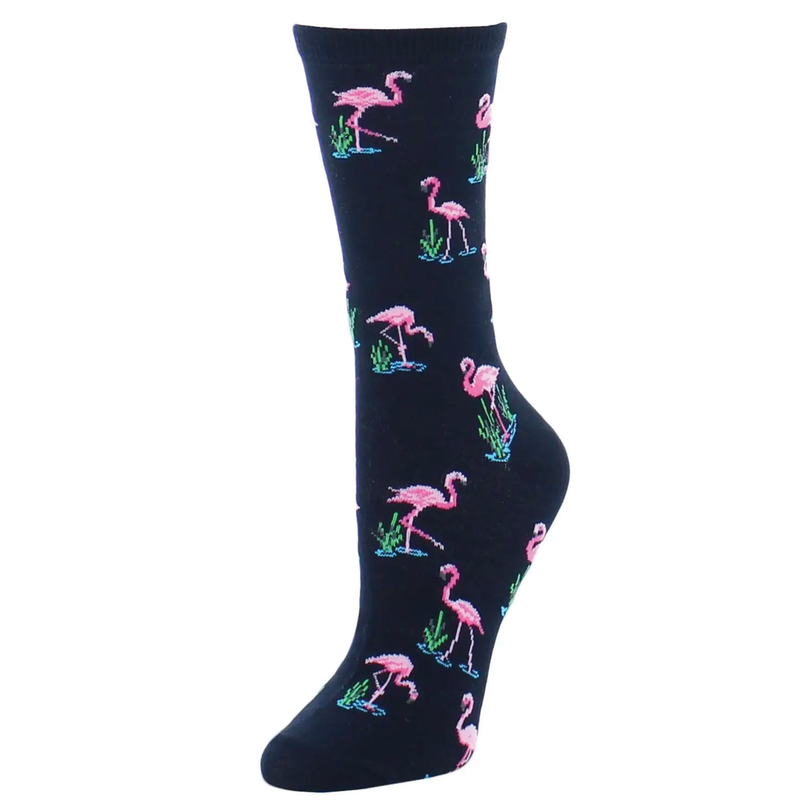 Flamingo Frenzy Bamboo Crew Socks - Black