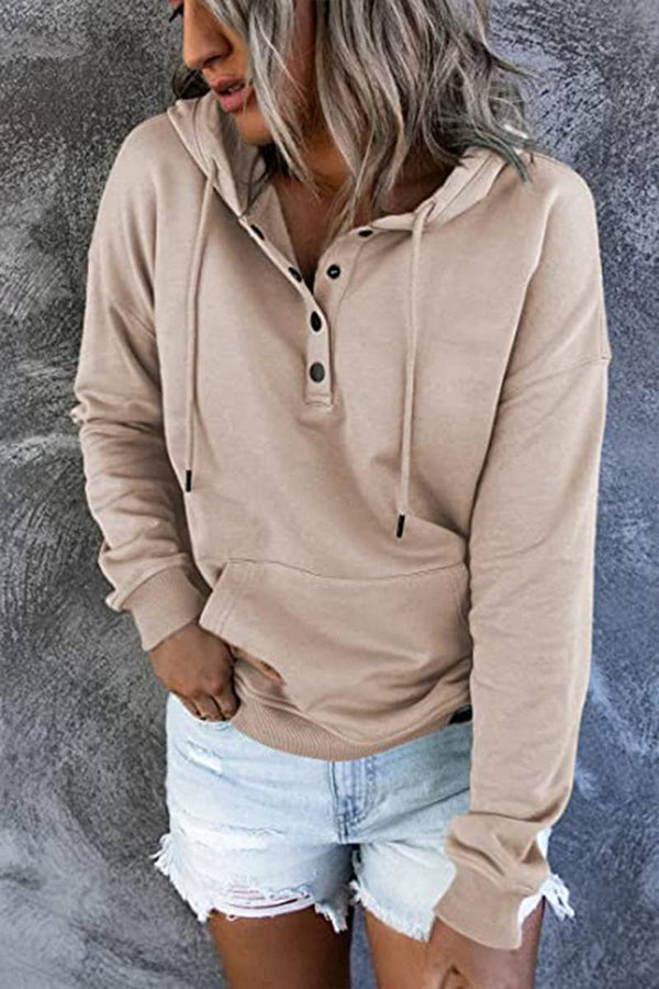 Women's Button Neck Kangaroo Pocket Pullover Hoodie - Apricot