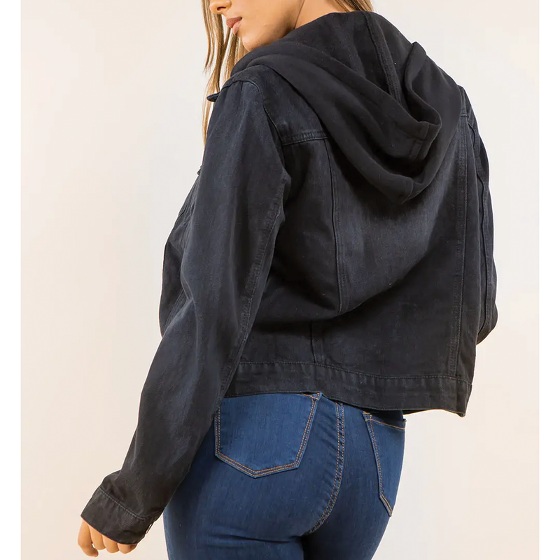 Ci Sono Women's Denim Jacket with Zip-Up Hoodie Layer - Black