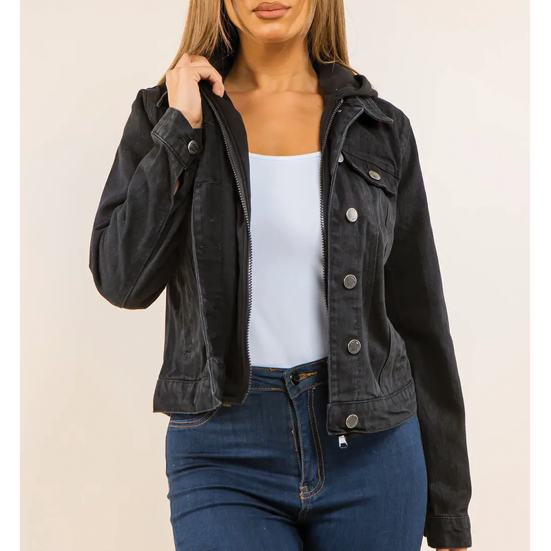 Ci Sono Women's Denim Jacket with Zip-Up Hoodie Layer - Black