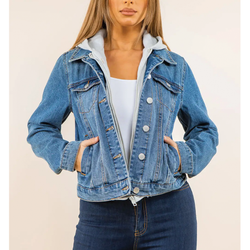Ci Sono Women's Denim Jacket with Zip-Up Hoodie Layer - Washed Blue