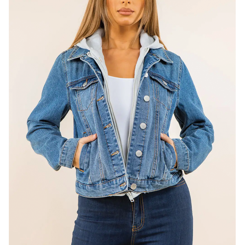 Ci Sono Women's Denim Jacket with Zip-Up Hoodie Layer